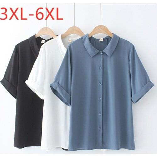 New 2021 Ladies Summer Plus Size Tops For Women Large Blouse Short Sleeve Loose Casual Blue Button Chiffon Shirt 3XL 4XL 5XL 6XL