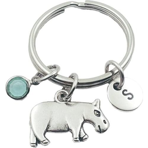 Hippo Animal Initial Letter Monogram Birthstone Keychains Keyring Creative Fashion Jewelry Women Gifts Accessories Pendant