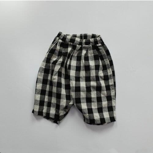 New Summer Korean Style Children Plaid Pants Cotton Linen Loose Toddlers Kids Calf-length Trousers