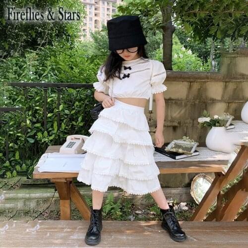 Spring Summer Girls 2 Pcs Set Baby Crop Top + Layered Skirt Kids Suits Children Clothes Puff Sleeve Bow Hollow Out 3 To 8 Yrs