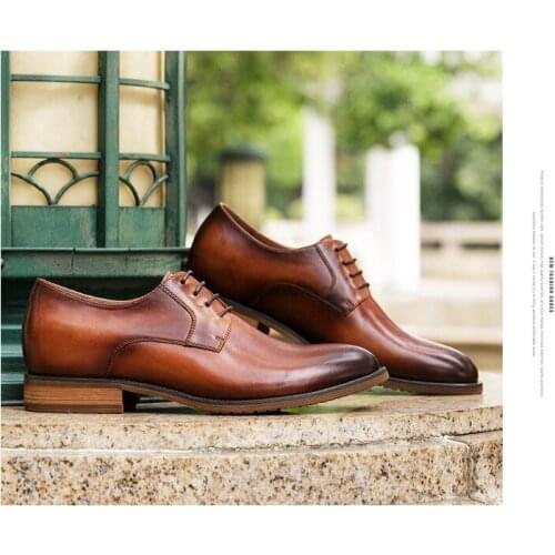 England Style Men Round Toes Retro Handmade Genuine Leather Dress Shoes Men Increase Business Cssual Leather Oxfords Size 38-46