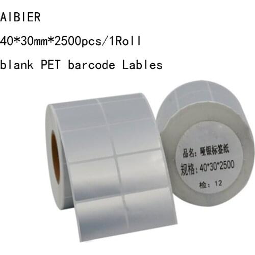 New AIBIER 40*30mm*2500pcs/1Roll Thermal transfer blank PET barcode Labels PET adhesive printed label sticker Free shipping