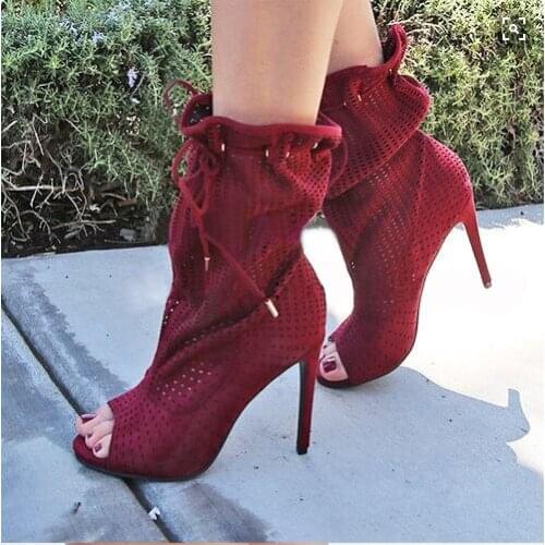 2018 Autumn Faux Suede Leather Dress Shoes Women Sexy Peep Toe High Heel Booties Mujer Cut-outs Lace Up Ankle Boots New Arrival