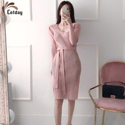 Cotday Pink V-Neck Knit Belt Sweater Vintage Dresses Office Style Lady For Women Split Long Sleeve Buttocks Package Dress