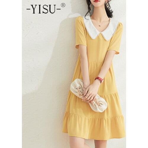 YISU Summer Women Dress Lapel College style Solid color Knitted Dress Short sleeve Knee-length skirt Casual Female Dress Thin