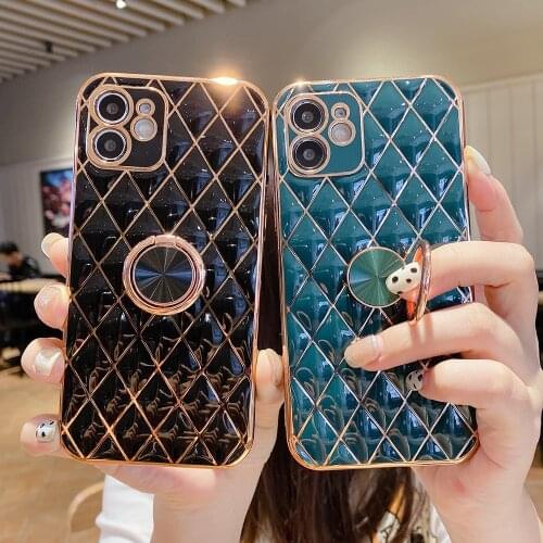 Luxury Gold Plating Geometric Ring Holder Phone Case For Samsung Galaxy A32 A52 A72 5G S21 S21 Plus Camera Protection Soft Cover