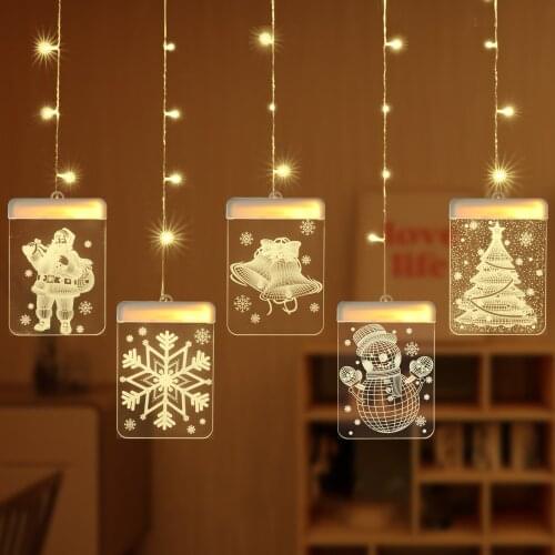 USB Lights Led 3D Curtain Light Santa Claus Bell Snowflake Snowman Decor For Home 220V Fairy Lights Outdoor/Indoor String Light