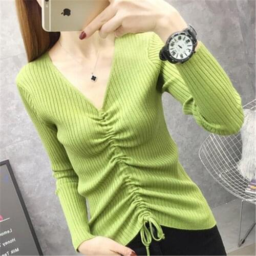 2020 Autumn Winter V-neck Sexy Knit Sweater Womens Pullover long-sleeved Short tight-fitting slim Drawstring Top Sweater B576