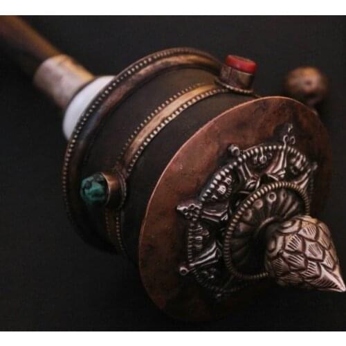 TBC903 Tibetan leather Prayer Wheel,15'' long,red brass lotus