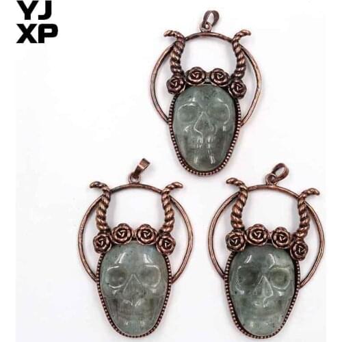 YJXP 1 Pcs Retro Antique Bronze Natural Labradorite Stone Pendant Ox Skull Head Taurens Punk Style Reiki Pendants Hallow Jewelry