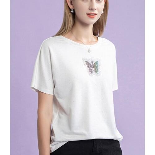 Summer Shiny Lurex Diamond Female T-shirt 2020 Butterfly print Knit O-neck Cotton Tshirt Women Casual Short Sleeve Lady Tops Tee