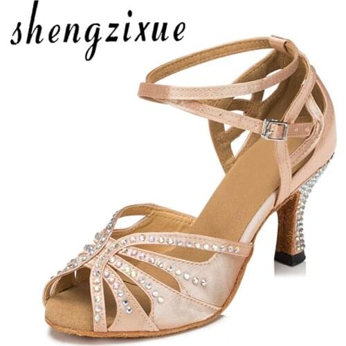 WUXIJIAO brand skin Ladies Flesh Satin Crystal Rhinestone Salsa Tango Ballroom Dance Shoes Latin Dance Shoes Mambo Dance Shoes