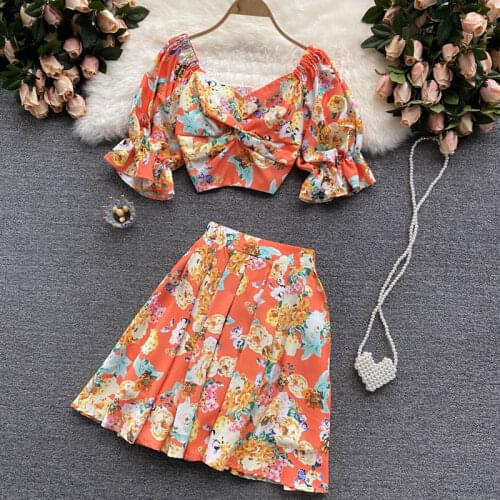 SINGREINY Women Summer Korean Bohemian Floral Set Puff Sleeve Ruched Short Tops+High Waist Pleated Short Skirt Two Piece Suits