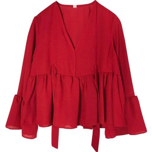 PERHAPS U Women Red Black V Neck Full Sleeve Top Solid High Street Blouse Loose Lace Up Fall Autumn Long Sleeve Flare Top B0190