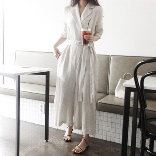 Office Lady Overalls club outfits for Women pants Mid-sleeve Solid Jumpsuit Wide-legged Skirt Top 2021 fashion Belt Linen