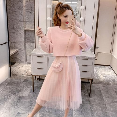 FMFSSOM Women Spring & Autumn New Sling Mesh Skirt Suitwo Piece Dress Set Female Solid Color Short Pullover Top Ins Hot