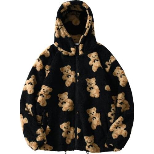 Winter Warm Fleece Hooded Coat Streetwear Casual Harajuku Hip Hop Hoodies Unisex Fashion Bear Print Full Zipper Sweatshirts Men