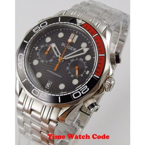 BLIGER Black dial Quartz Mens Wristwatch Sapphire Glass Chronograph Date Rotating Bezel Mental Band Ceramic Bezel luminous