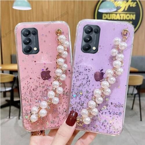 Glitter Pearl Wrist Strap Phone Case For Oppo Find X3 Pro Neo Silicone Protector Cover For Reno 5 Pro Plus 5G 3 Pro Lite 5F Case
