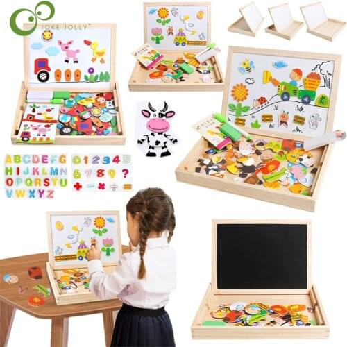 Wooden Magnetic Puzzle Figure/Animals/ Vehicle /Circus Drawing Board Double Side Education Learning Toys for Children Gift YJN