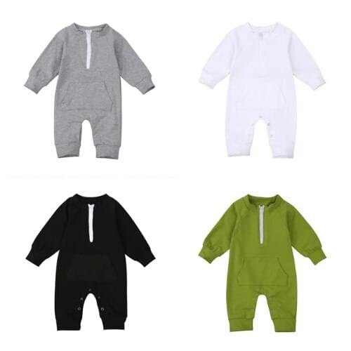 Baby Boy Half Zip Jumpsuit Solid Crew Neck Long Sleeve Romper w/Pocket Playsuit Sunsuit One-Piece Fall Winter Outfit