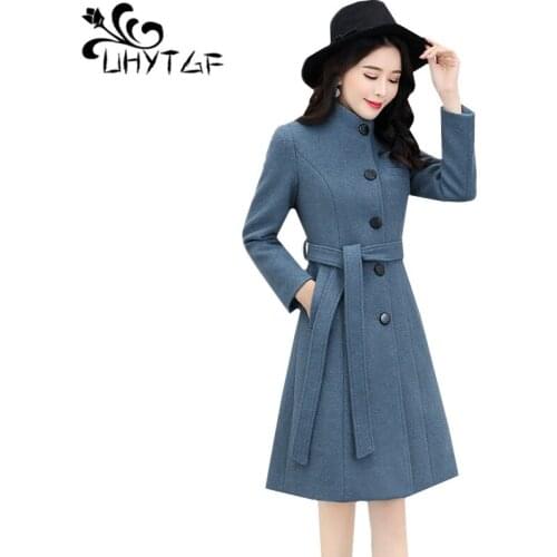 UHYTGF Elegant Woman Coat Winter Wool Jacket Belt Long Windbreaker Outerwear Fashion Standing collar Slim Lady Woolen Jacket 923