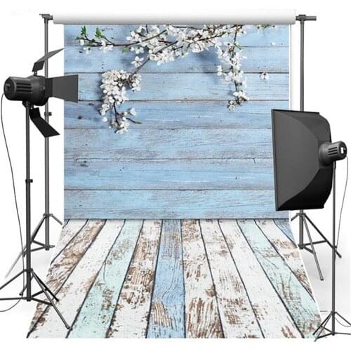 Blue Grey Wood Wall White Flowers Photography Backdrop Baby Shower Custom Off White Gray Wooden Floor Photographic Backgrounds