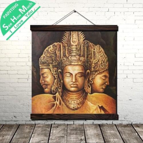 Buddha 3 Faces Art Scroll Painting Canvas Vintage Poster and Prints Wall Art Picture Living Room Bedroom Farmhouse Decoration