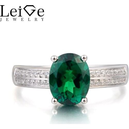 Leige Jewelry Emerald Ring Proposal Ring May Birthstone Oval Cut Green Gemstone Genuine 925 Sterling Silver Ring Gifts for Women