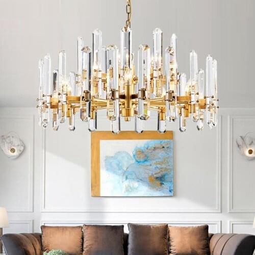 Royal pendant Crystal Chandelier led Lustre long Crystal Rod hanging chandelier lamp Full Copper Hotel Villa church Chandeliers
