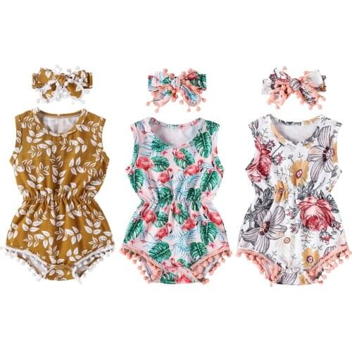 Summer 0-24M Baby Girl 2Pcs Set Leaf/Flamingo/Floral Print Ball Tassel Sleeveless Bodysuit+Headband Infant Clothes
