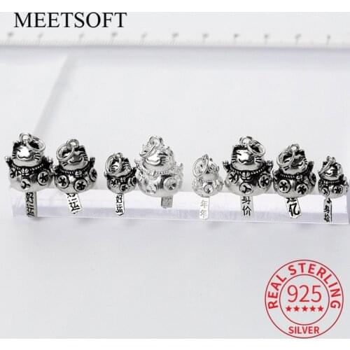 MEETSOFT 925 Sterling Silver Lucky Cat Charms Vintage Animal Modeling Bell DIY Necklace Making Findings Jewelry Accessories