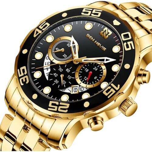 BEN NEVIS Business Watches Black Gold Mens Fashion Top Brand Luxury Clock Stainless Steel Strap Waterproof Watches Reloj Hombre