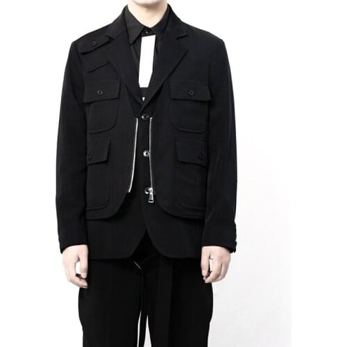 Mens suit suit zipper stitching double layer dark tie multi-pocket