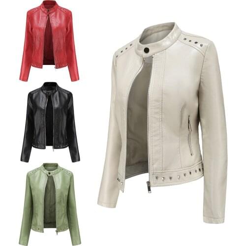 2021 New Rivet Fashion Stand Collar Leather Clothes Casual Jacket Womens Spring and Autumn Coat Womens Wear Sleeve Style Age