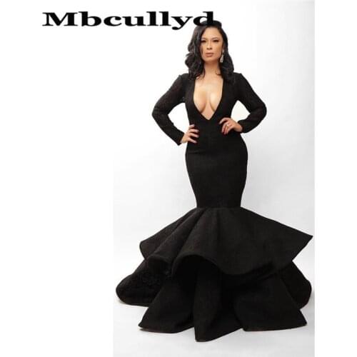 Mbcully Deep V-neck Mermaid Prom Dress for Black Girls Luxury Satin Lace Long Sleeves Formal Evening Gala Gowns For Afrian Women