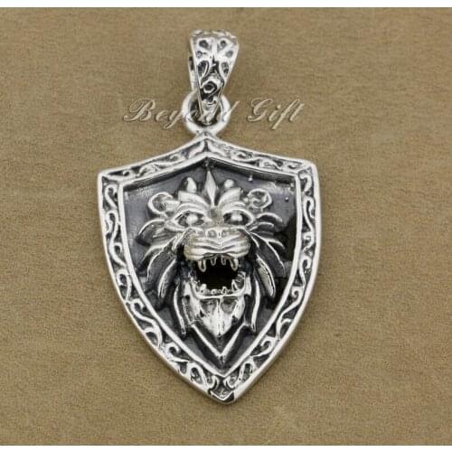 Lion Shield 925 Sterling Silver Mens Biker Rocker Punk Pendant 9R011