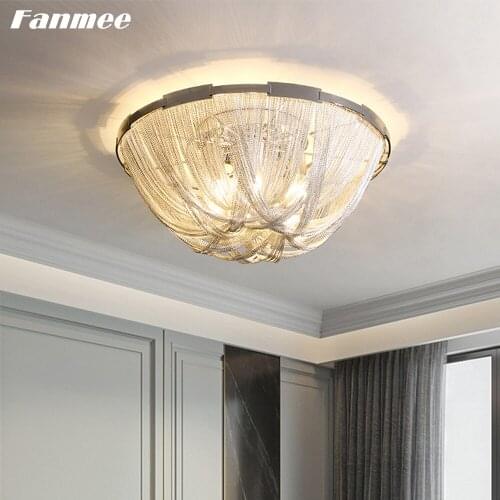 Modern Aluminum Chain Ceiling Chandelier LED Round Tassel Ceiling Lamp Plated Chrome Home Decor Lustre for Bedroom Living Room