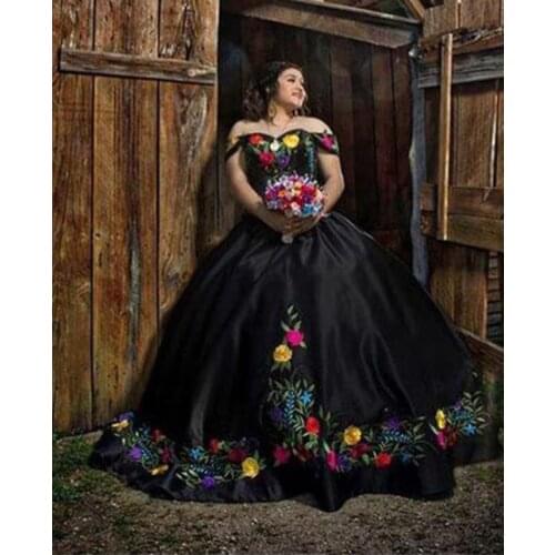 Sexy Black Mexican Colorful Flower Embroidery Ball Gown Satin Quinceanera Prom Formal Party Dresses 2021 Princess Vestido De 15