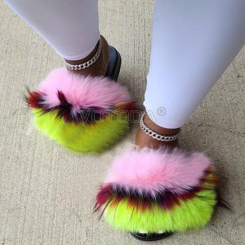 New Summer Fur Slippers For Women Fluffy Real Fox Fur Slides Woman Furry Home Fur Flip Flops Breathable Non-slip Flat Sandals