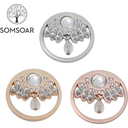 Somsoar Jewelry Arama Peach with clear Crystal 33mm Coin Disc fit my coin holder frame pendant as gift