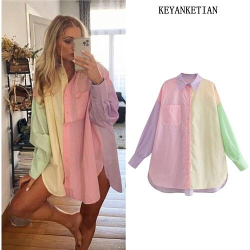 KEYANKETIAN za Colorblock Loose Poplin Lapel Long Sleeve Shirt Womens Office Shirt Chic Breasted Ladies Casual Shirt Blusas