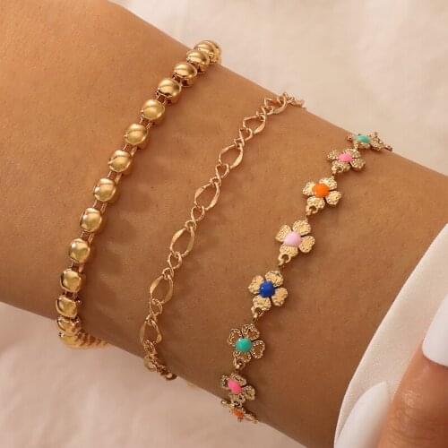 Tocona 3pcs/sets Colorful Flowers Bracelets for Women Trendy Gold Color Alloy Metal Bead Chain Bohemian Jewelry Gift 16217