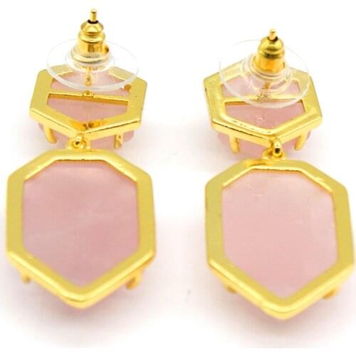 Trendy-beads New Stylish Light Yellow Gold Color Layer Polygon Shape Earrings Natural Rose Pink Quartz Jewelry