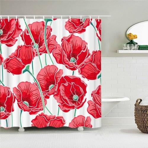 Flower Waterproof Shower Curtain Waterproof Polyester Fabric Bath Bathing Bathroom Curtains with 12 Hooks for Home Decorations