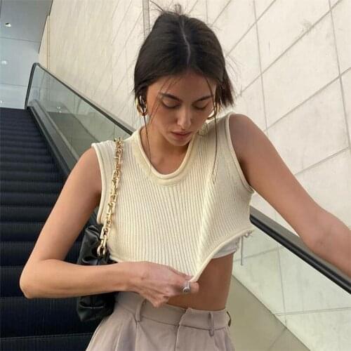 Women Fashion Sleeveless Round Neck Crop Top Loose Solid Color Ladies Stylish Knit Tank Tops for Daily Wear