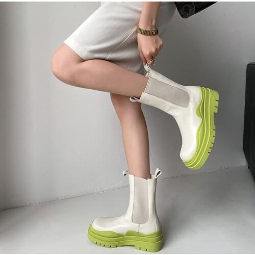 QZYERAI Winter Luxury Brand Gothic Streetwear Genuine Leather Women Shoes Thick Sole Platform Chunky Heels Chelsea Ankle Boots