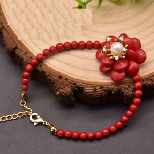 Handmade Women Natural Red Stone Bracelet Vintage Ladies Fine Jewelry Birthday Gift Flower Shape Luxury Accessories Costume New