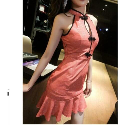 Women Sexy color dress nightclub low-cut improved cheongsam bag hip ruffle skirt