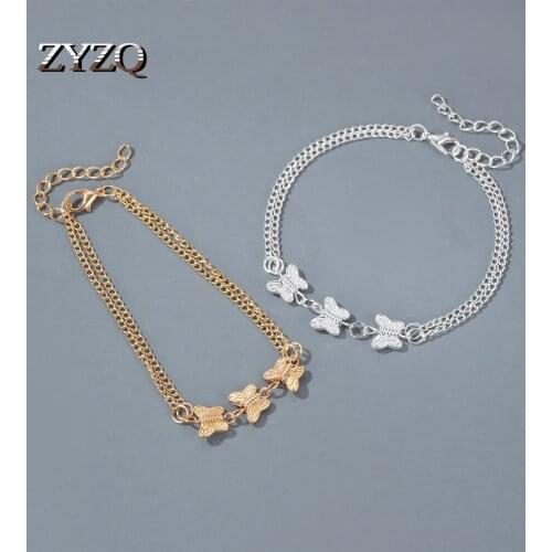 ZYZQ European and American Three Butterfly Anklets Cold Wind Simple Double-Layer Feet Fashion Beach Party Accessories